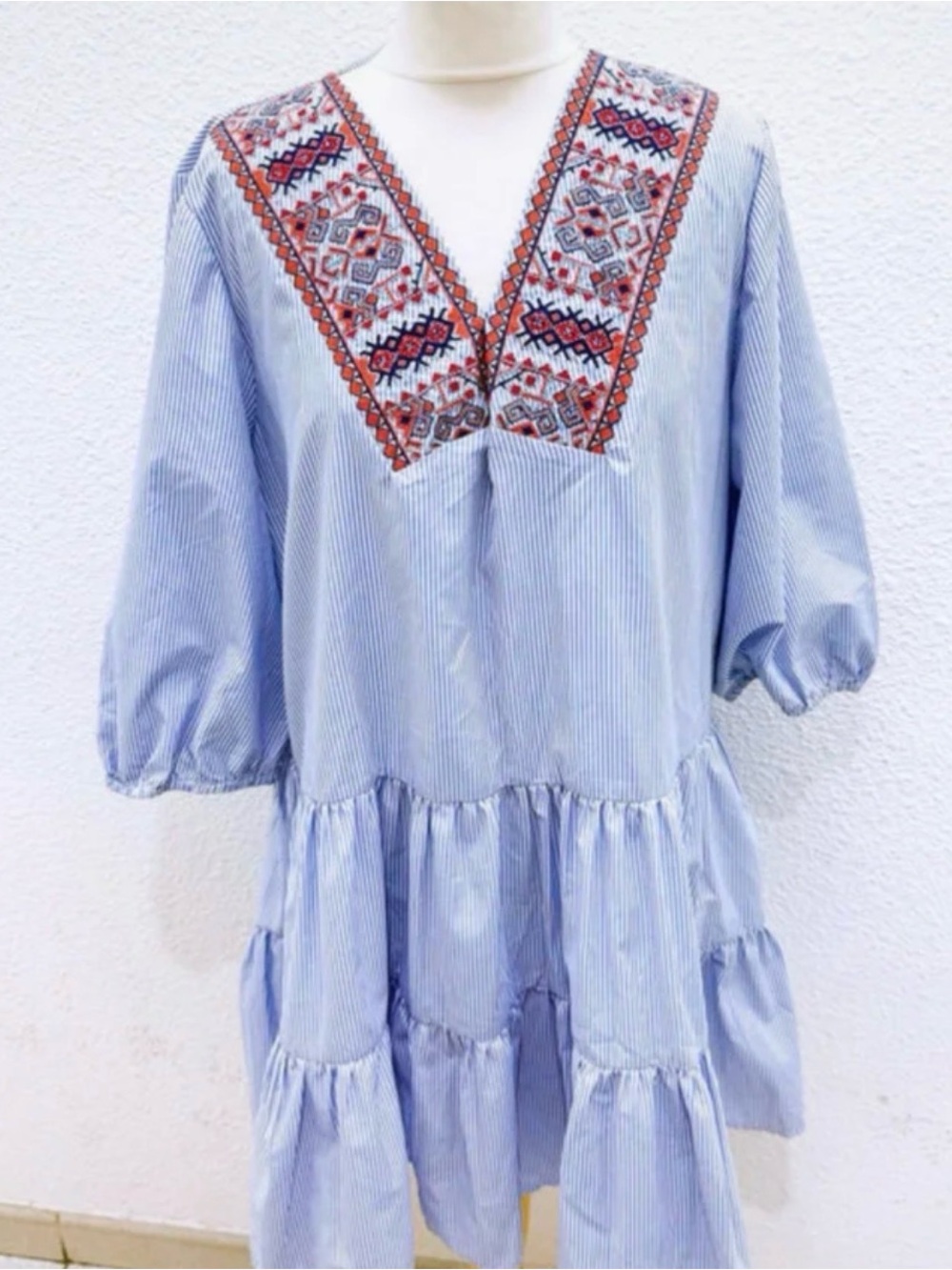 See and Be Seen Embroidered Light Blue and white striped Tiered Women’s Dress